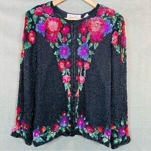 Laurence Kazar Women's Vintage 80's Black Floral Sequined Beaded Evening Jacket